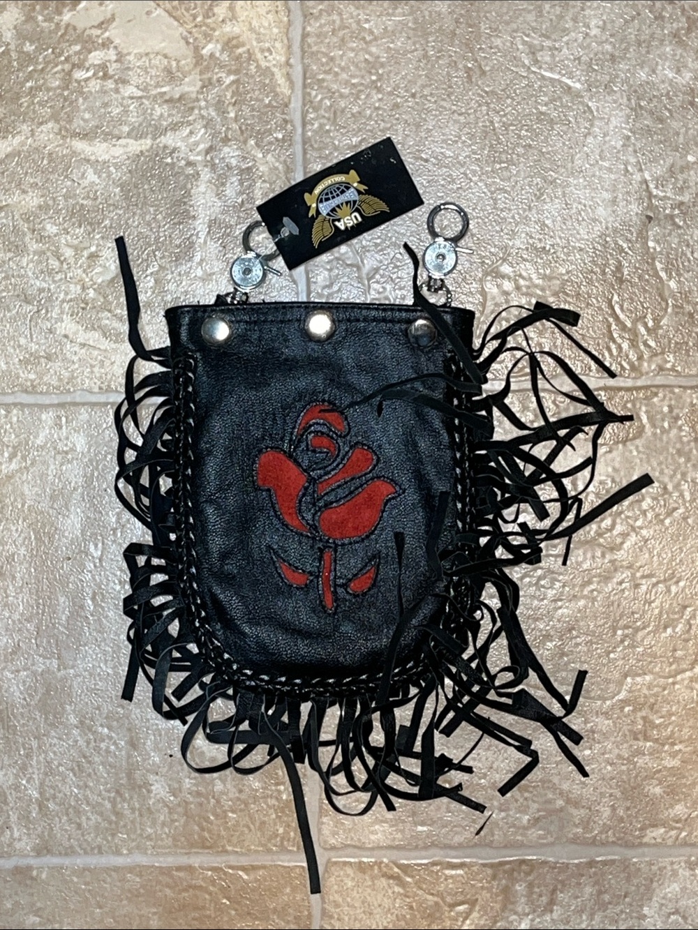 NWT USA Leather Black Fringe Leather clip-on waist pouch with Red Rose Motif